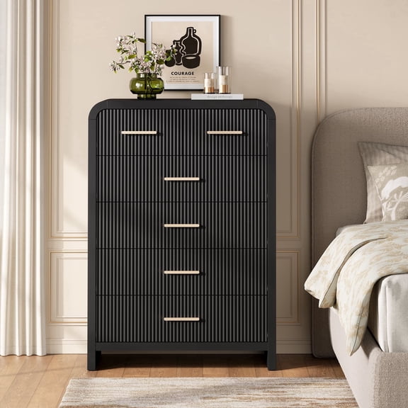 Hujauu Fluted Tall 6 Drawers Dresser for Bedroom, Modern Wood Chest of Drawers with Gold Handles & Curved Edge, Black Storage Cabinet for Living Room