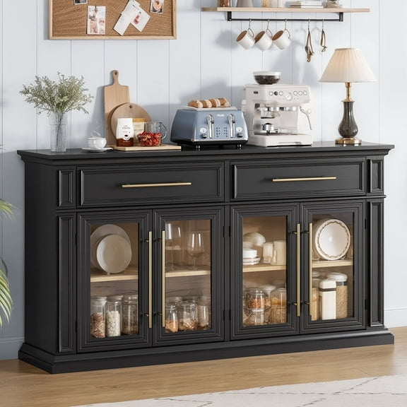 Holliwill 63" Modern Buffet Cabinet with 2 Drawers and 4 Glass Doors, Large Sideboard Kitchen Storage Cabinets Coffee Bar Cabinet for Living Room Dining Room, Black