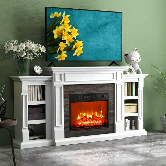 HUJAUU Electric Fireplace with 70" Mantel, Fireplace TV Stand with 23" Heater & Built-in Bookshelves & Remote Control, Modern Entertainment Center for Living Room, Bedroom, White