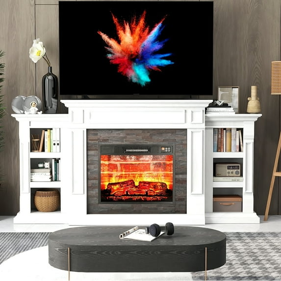 HUJAUU Electric Fireplace with Mantel, 70" Fireplace TV Stand with 23" Heater & Built-in Bookshelves & Remote Control for Living Room, Bedroom, White