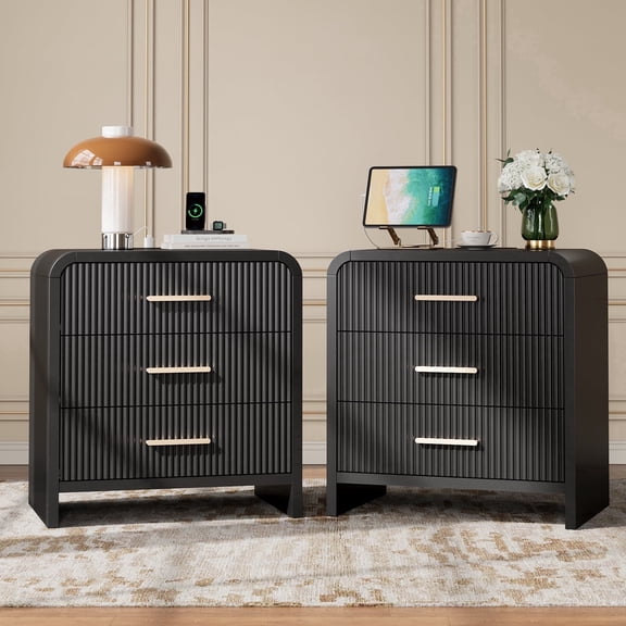 Hujauu Fluted Nightstand Set of 2, Modern Curved Wood Bedside Table with Charging Station & 3 Drawers, End Table with USB & Type-C Ports, Black