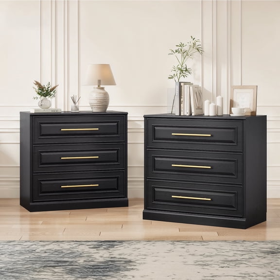 HUJAUU 31.5"W 3-Drawer Nightstand Set of 2, Modern Wood Bedside Table for Bedroom with Gold Handles, End Table with Spacious Stoarge Drawer, Black