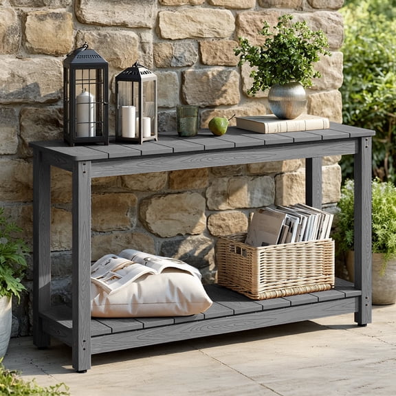 HUJAUU Outdoor Console Table, 47" HIPS All-Weather Patio Side Table with Storage Shelf, 2-Tier Waterproof & Fade-Resistant Outdoor Buffet, Grey