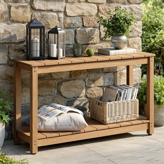 HUJAUU Outdoor Console Table, 47" HIPS All-Weather Patio Side Table with Storage Shelf, 2-Tier Waterproof & Fade-Resistant Outdoor Buffet for Garden, Deck, Balcony, Teak