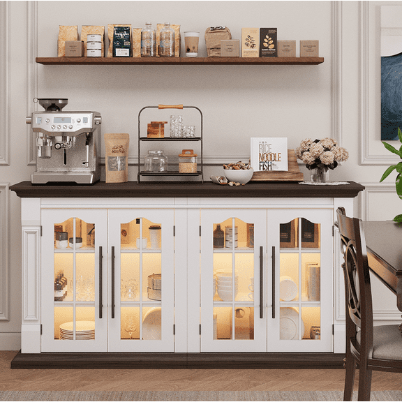 HUJAUU TV Stand for Living Room with LED & Charging Station, Entertainment Center with Adjustable Shelves, Buffet Cabinet TV Console, White Brown
