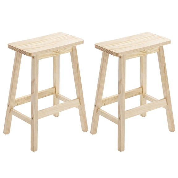 HUJHKIO 24-Inch Bar Stools Set of 2, Solid Pine Wood Saddle Seat Counter Stools for Kitchen Island, Dining & Home Pub, Easy Assembly, Rustic Modern Style Wooden Seats, Natural