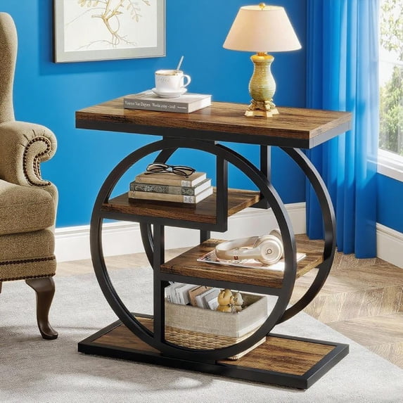 HUJHKIO 4-Tier End Table Narrow, Gold Side Table with Faux Marble Top, Modern Small Accent Table for Living Room, Slim Bedside Table Nightstand for Small Spaces