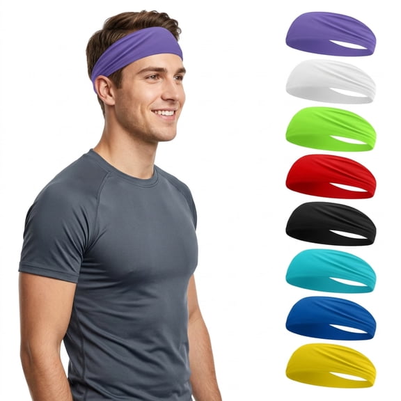 HUJHKIO 8 Pack Sport Headbands for Men & Women, Sweat Wicking Workout Sweatband, Bright Hairband for Running, Cycling, Football, Yoga