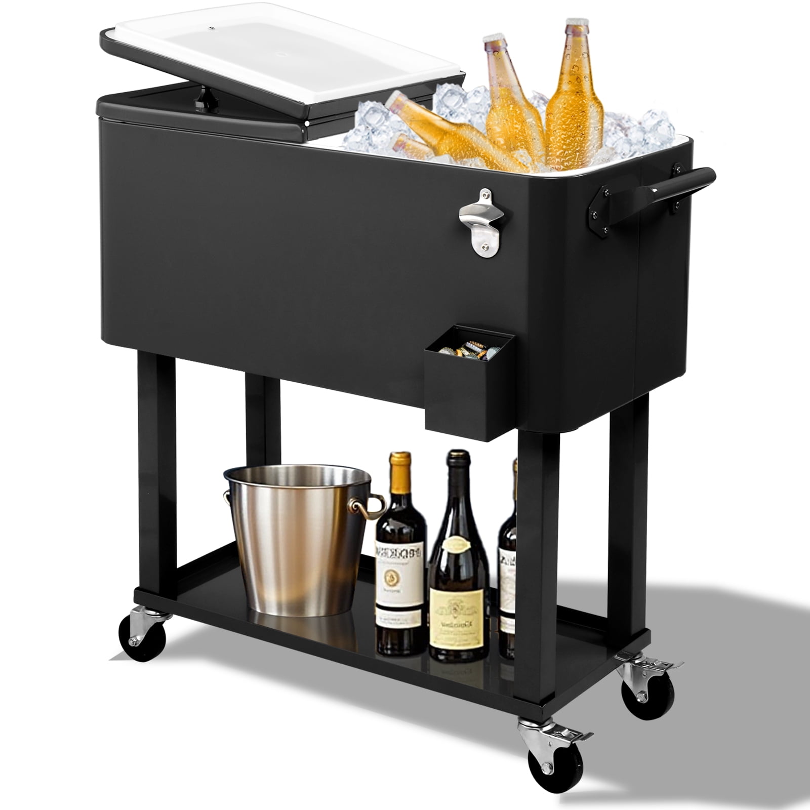 HUJHKIO 80 Qt Rolling Cooler Cart with Bottle Opener & Storage Shelf, Portable Ice Chest for Camping, Beach, Party, 48-Hour Cold Drinks, Black