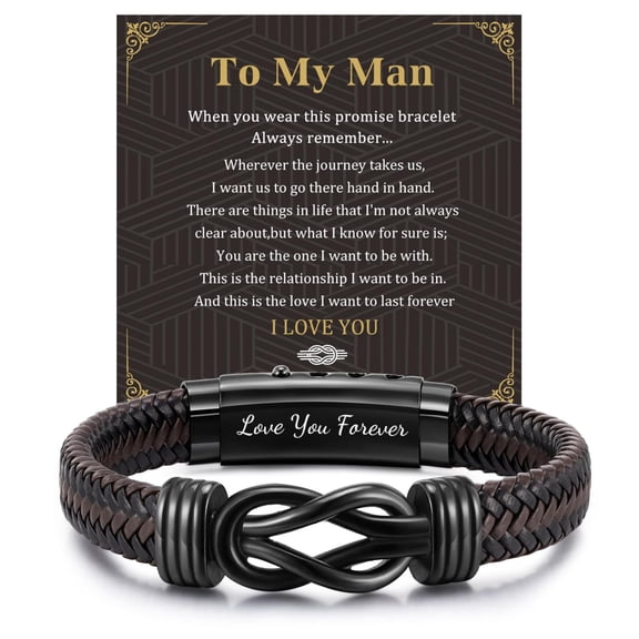 HUJHKIO Brown Braided Leather Stainless Steel Infinity Bracelet for Men, Adjustable 7.6-8.3", Love You Forever Engraved Gifts for Husband Boyfriend Always Linked Together, Brown