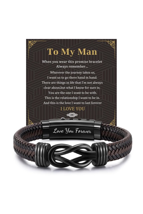 Brown Braided Leather Stainless Steel Infinity Bracelet for Men, Adjustable 7.6-8.3", Love You Forever Engraved Gifts for Husband Boyfriend Always Linked Together, Brown