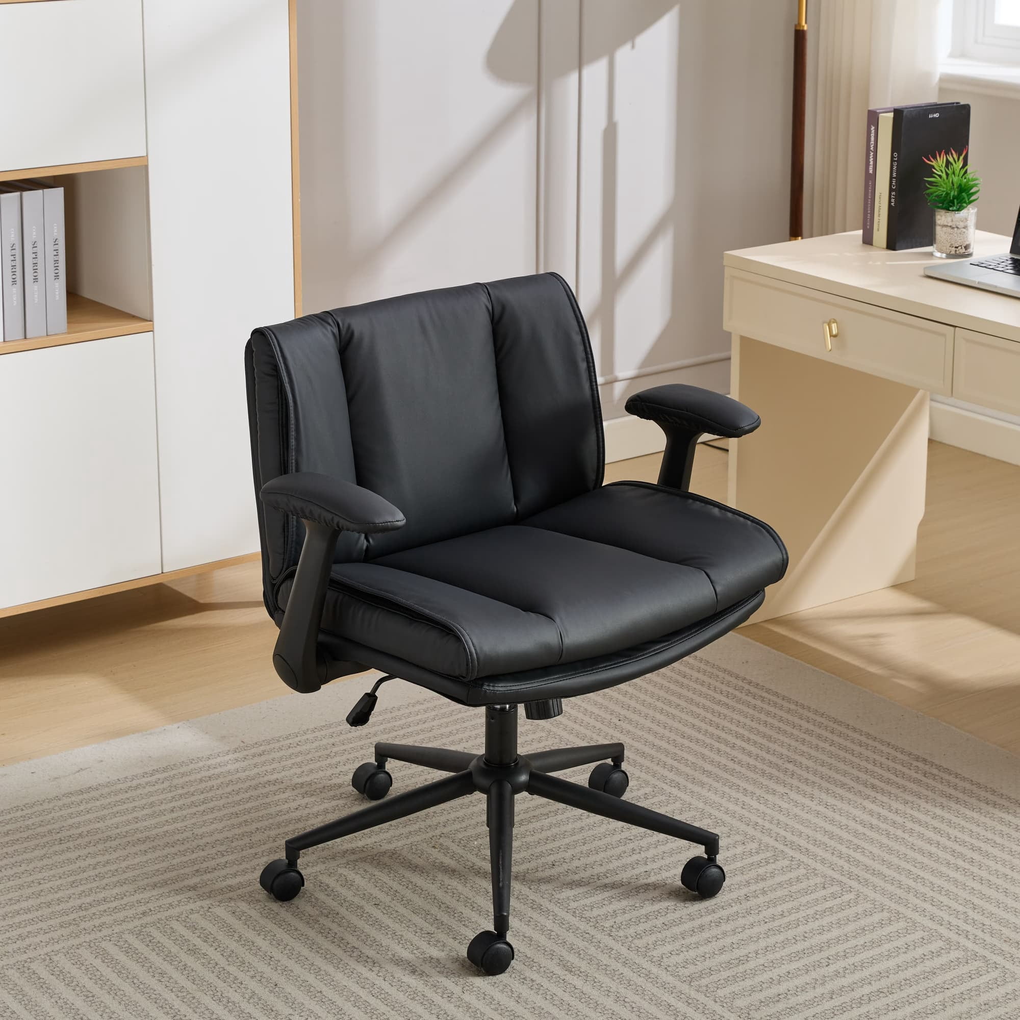 HUJHKIO Cross Legged Office Chair with Flip-Up Arms, Wide Swivel Chair, 360° Rolling Ergonomic Desk Chair, Adjustable Comfy Leather Seat for Home Office, Vanity & Study, Supports 300 lbs, Black