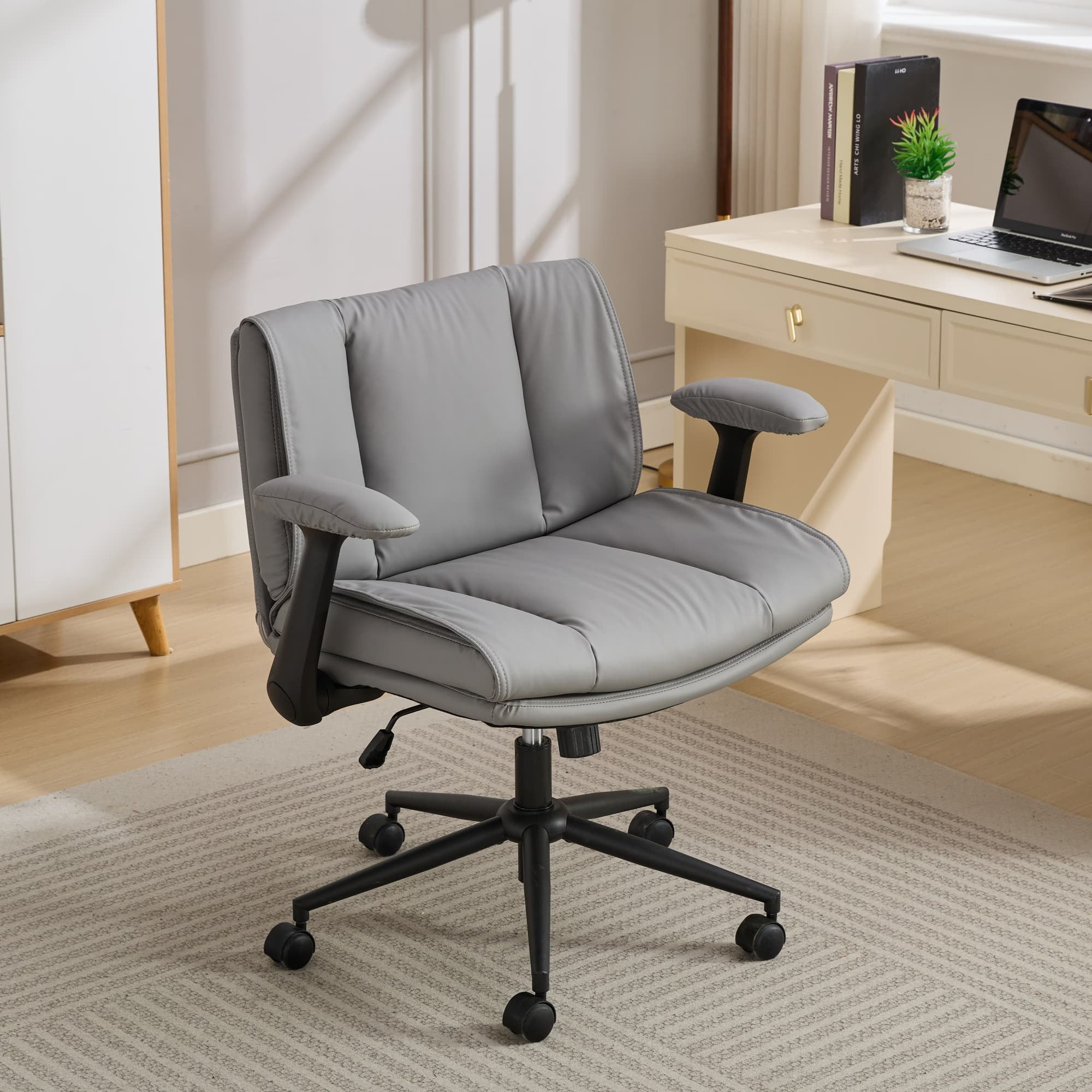 HUJHKIO Cross Legged Office Chair with Flip-Up Arms, Wide Swivel Chair, 360° Rolling Ergonomic Desk Chair, Adjustable Comfy Leather Seat for Home Office, Vanity & Study, Supports 300 lbs, Gray