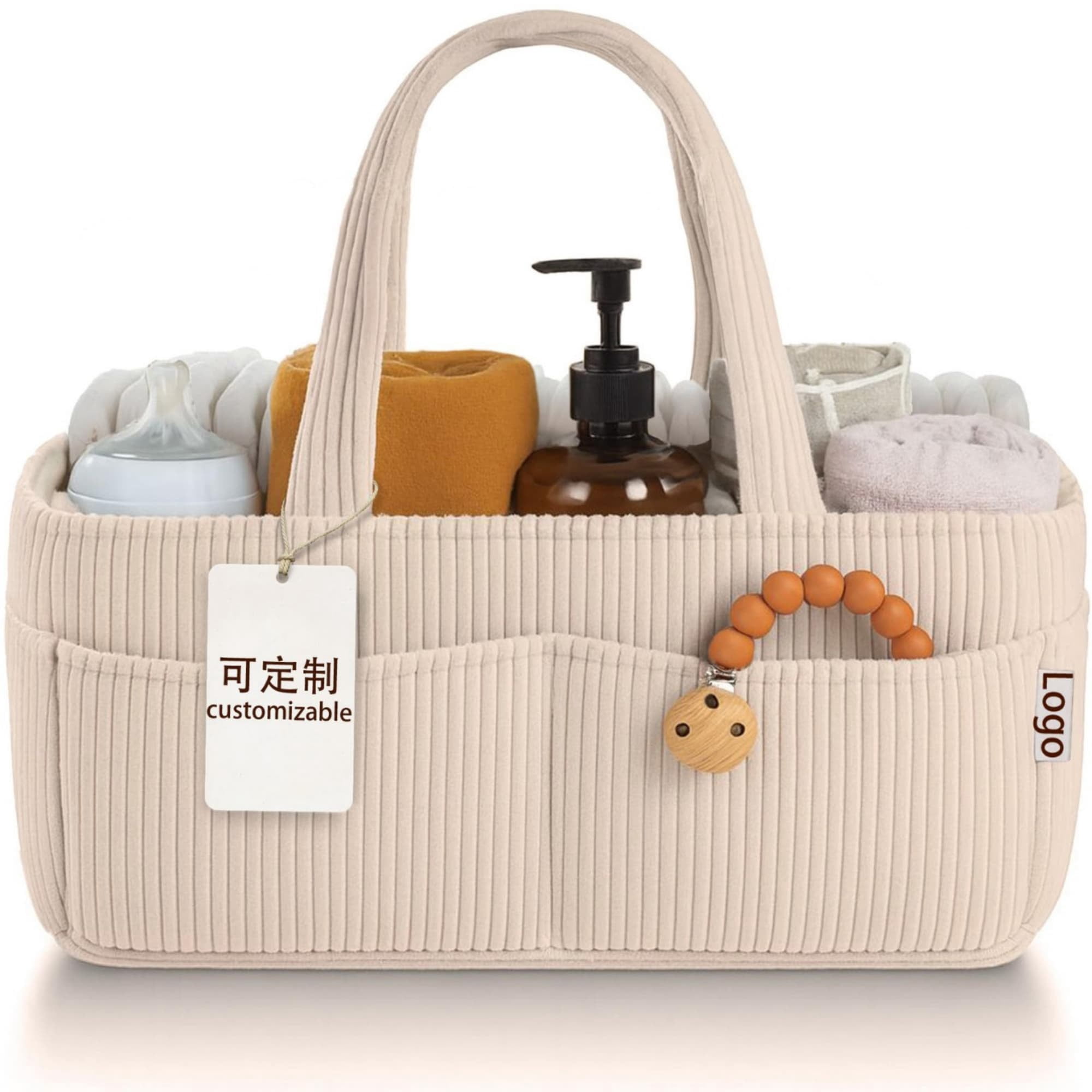 HUJHKIO Diaper Caddy Organizer with Removable Divider, Lightweight Nursery Storage Bin with Handle & 6 Pockets for Wipes, Baby Essentials, Portable Changing Station for Newborn, Travel, Cream