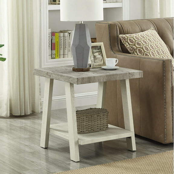 HUJHKIO Industrial End Table with Shelf, 24" Two-Tone Wood Nightstand in Weathered Gray & Beige, Storage Side Table with Splayed Legs for Living Room, Bedroom