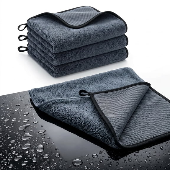 HUJHKIO Microfiber Cleaning Cloth 3-Pack, 500GSM Heavy Duty Twisted Pile Towels for Car Drying, Streak Free & Lint Free for Auto Glass Shower Doors, 12"x12" with Hanging Loop