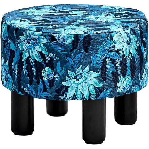 HUJHKIO Round Ottoman Footrest Stool, Linen Storage Stool for Couch, Foot Stool for Rest, Desk & Small Spaces, Blue
