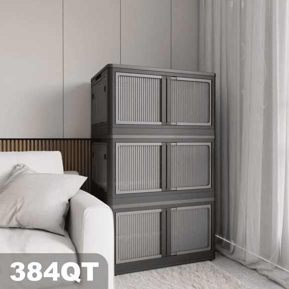 HUJHKIO Stackable Storage Bins 3-Pack with Wheels & 5 Doors, Large Plastic Organizer Box, Collapsible Closet Organizers & Bins with Lids for Bedroom, Transparent Foldable Storage Containers, Black