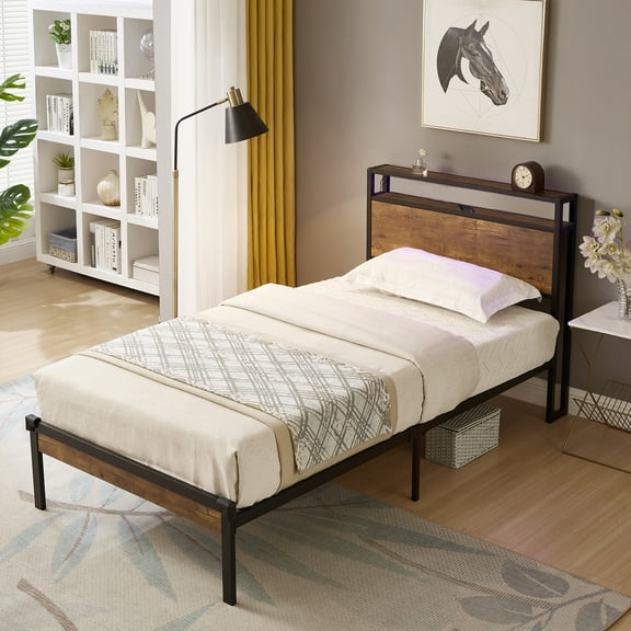 HUJHKIO Twin Bed Frame with Headboard, Wood Platform Metal Frame, No Box Spring, Under Bed Storage & USB Ports, Brown