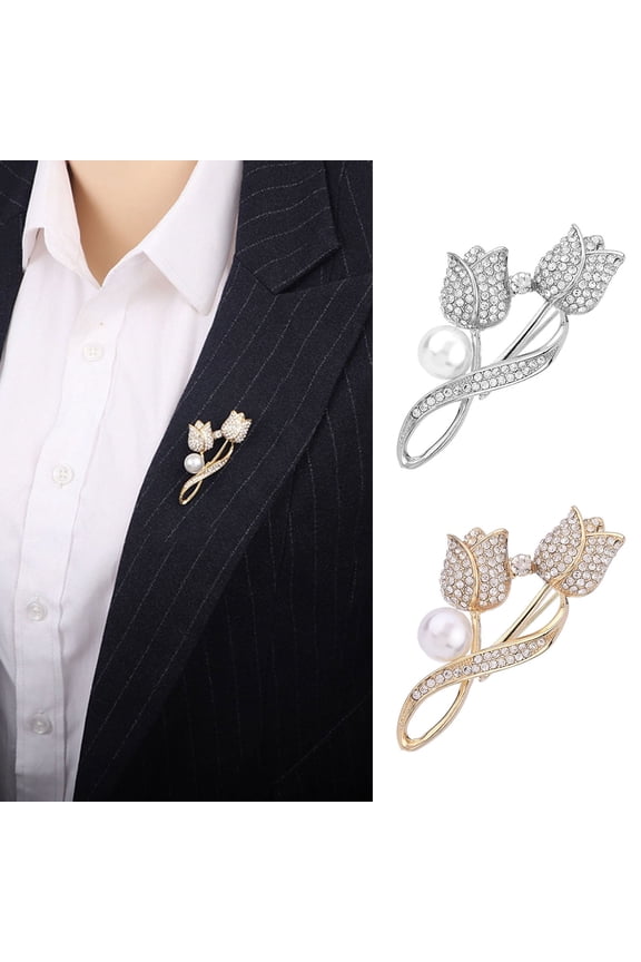 Lady Pin Rhinestone Imitation Pearl Tulip Shape Shiny Women Brooch for Prom Valentine's Day Elegant Gifts