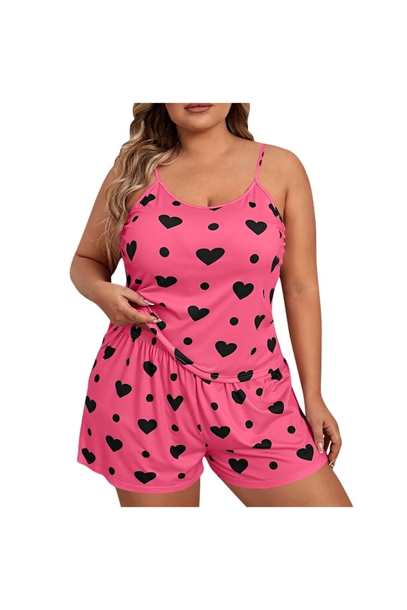2 PC Plus Size Pajama Sets for Women Lightheight Print Cami Tank Top and Loose Shorts Pj Set Sleeveless Loungewear Clothes