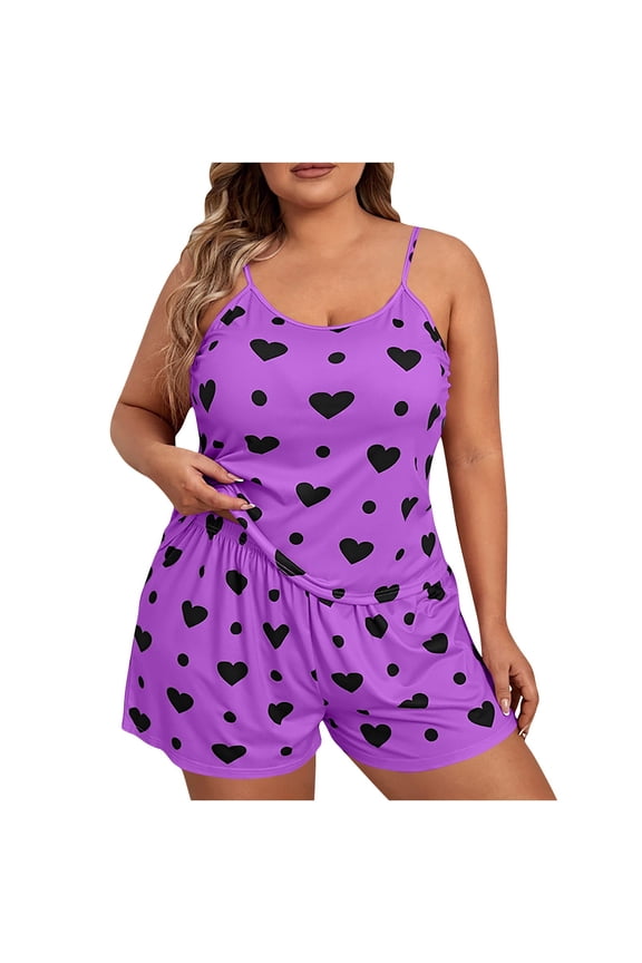 2 PC Plus Size Pajama Sets for Women Lightheight Print Cami Tank Top and Loose Shorts Pj Set Sleeveless Loungewear Clothes