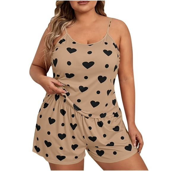HUJlwoi 2 PC Plus Size Pajama Sets for Women Lightheight Print Cami Tank Top and Loose Shorts Pj Set Sleeveless Loungewear Clothes