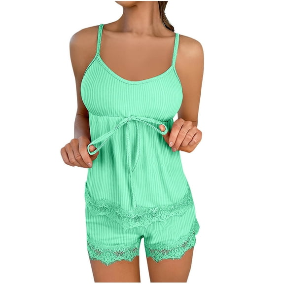 HUJlwoi 2 PC Women Pajama Sets Textured Lace Sleeveless Cami Crop Top and Shorts Pj Set Loungewear Soft Fashion Sleepwear Outfit