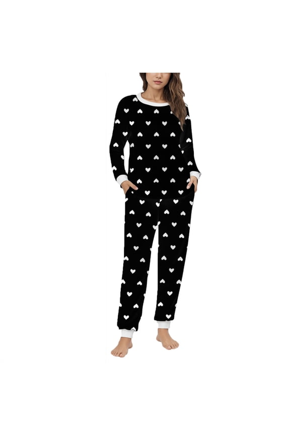2 Piece Fluffy Pj Sets for Woman Heart Print Warm Shaggy Fleece Pullover with Sofy Cozy Pants Pajama Set Plush Sleepwear