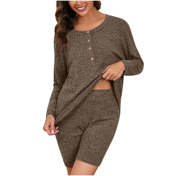 HUJlwoi 2 Piece Lounge Sets Ribbed Knitted Matching Outfits Button down Long Sleeve Tops Sleepwear Pj Sets Solid Color Sweatsuits Pajama Sets