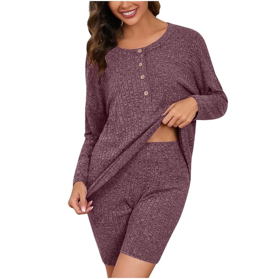 HUJlwoi 2 Piece Lounge Sets Ribbed Knitted Matching Outfits Button down Long Sleeve Tops Sleepwear Pj Sets Solid Color Sweatsuits Pajama Sets
