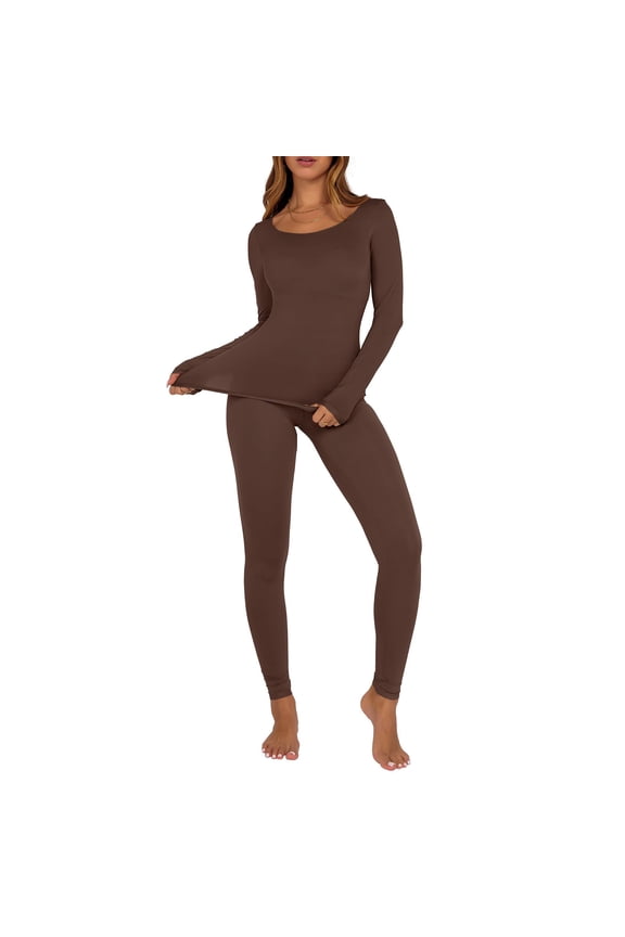 2 Piece Outfits Thermal Base Layer Sets for Women Long Sleeve Top with Soft Leggings Set Fall Winter Clothes for Cold Weather