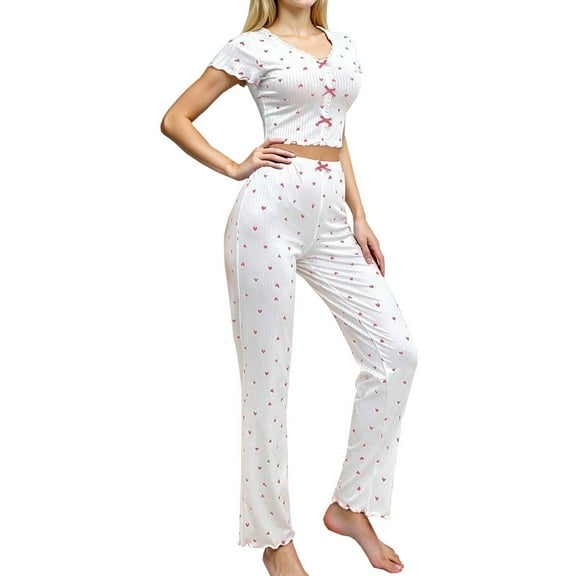 HUJlwoi 2 Piece Pajama Sets for Women Short Sleeve Heart Print Crop Top Bow Long Pants Pj Set Casual Sleepwear Fall Matching Outfits