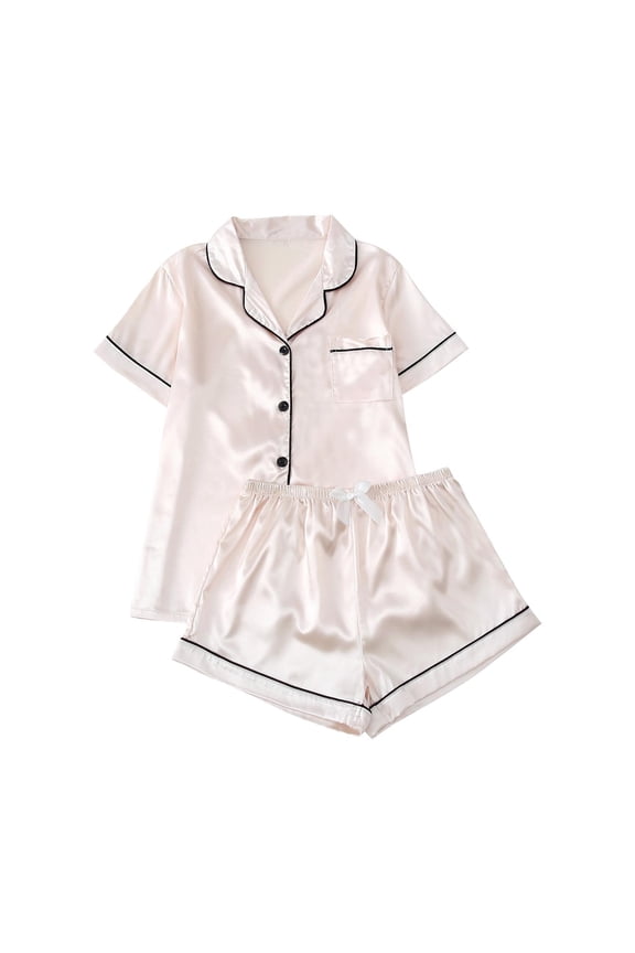 2 Piece Pj Set Womens Satin Silk Pajama Set Short Sleeve Loungewear Notch Neck Button down Shirt with Bow Shorts Set