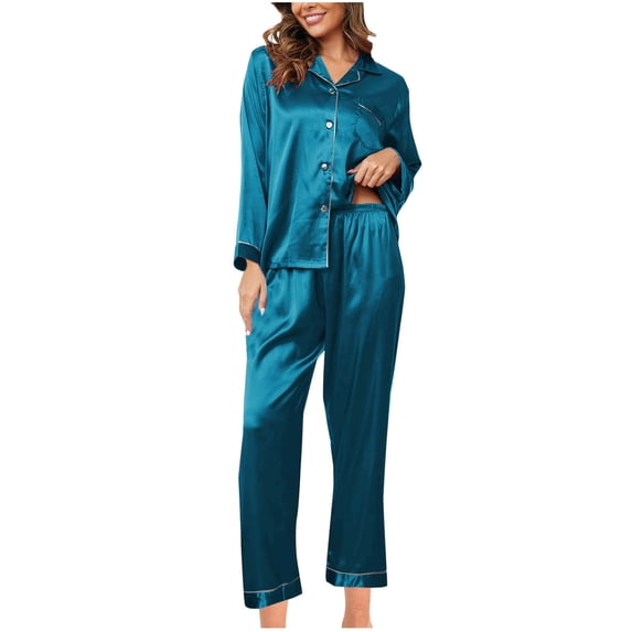 HUJlwoi 2 Piece Pj Sets for Woman Loose Stain Silk Button down Shirt with Pants Pajama Set Soft Comfy Sleepwear Clothes