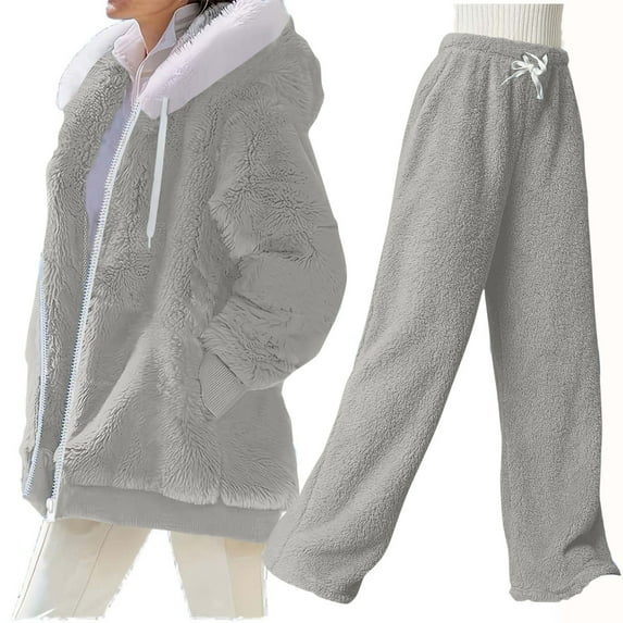 HUJlwoi 2 Piece Sets for Women Fluffy Fleece Warm Hooded Outerwear Coat and Pants Set Shaggy Winter Matching Lounge Set