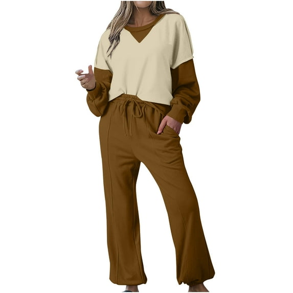 HUJlwoi 2 Piece Sets for Women Trendy Color Block Sweatshirt with Baggy Sweatpants Set for Workout Athletic Comfy Outfits