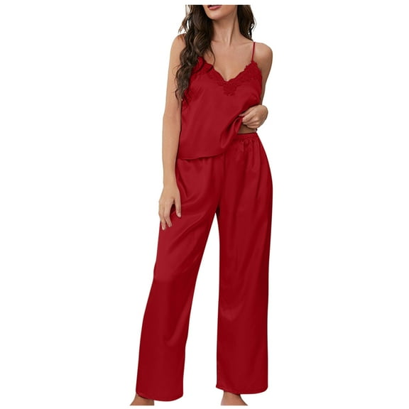 HUJlwoi 2 Piece Women Silk Satin Lounge Sets Lace Trim Cami with Long Pants Pajama Sets Soft Sleeveless Sleepwear Sets