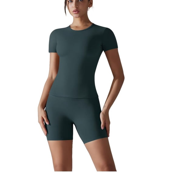 HUJlwoi 2 Piece Workout Sets for Women Fitted Short Sleeve T-Shirt and High Waist Shorts Yoga Set for Gym Running Outfits