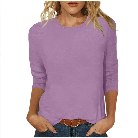 HUJlwoi 3/4 Sleeve Tops for Women Crew Neck Dressy Basic Shirts Casual Trendy Loose Fit Pullover Solid Color 2025