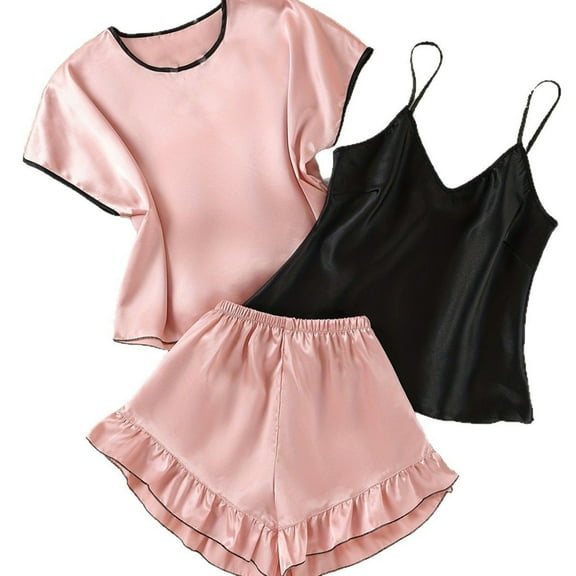 HUJlwoi 3 Piece Lounge Sets for Women Satin Pajama Sets Solid Color Soft Tops Camisole with Ruffle Shorts Pjs Sets Summer Sleepwear Outfits
