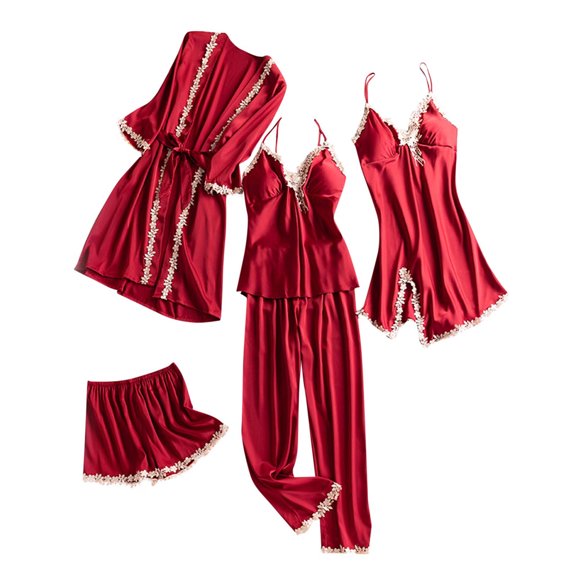 HUJlwoi 5 Piece Pajama Sets Women Chest Pad Lace Trim Pj Sets Nightgown Camisole Shorts and Long Pant Sleepwear Matching Clothing with Robe