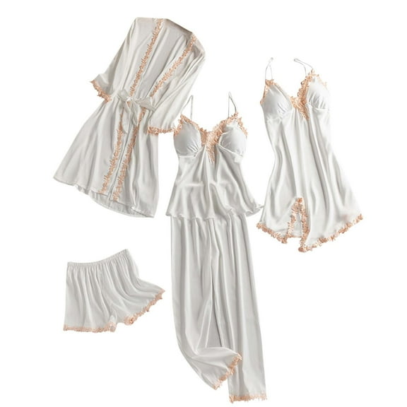 HUJlwoi 5 Piece Pajama Sets Women Chest Pad Lace Trim Pj Sets Nightgown Camisole Shorts and Long Pant Sleepwear Matching Clothing with Robe