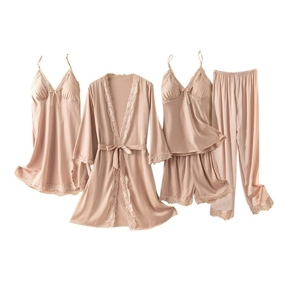 HUJlwoi 5 Piece Pajama Sets Women Chest Pad Lace Trim Pj Sets Nightgown Camisole Shorts and Long Pant Sleepwear Matching Clothing with Robe