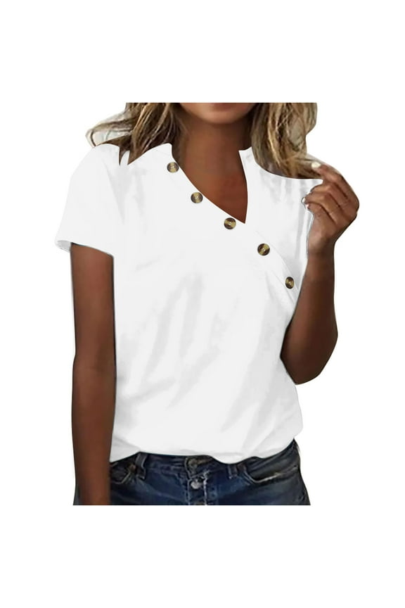 Blouses for Women Dressy Casual Plus Size Button down Shirts Solid Color Trendy Tees Loose Fit V-Neck Short Sleeve Summer Tops