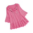 thumbnail image 1 of HUJlwoi Boho Tops for Women Cotton Linen Fashionable Lace Shirts Tie V-Neck Hollow out Flower Embroidered Clothes Vacation 3/4 Sleeve Tees, 1 of 7