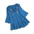 thumbnail image 1 of HUJlwoi Boho Tops for Women Cotton Linen Fashionable Lace Shirts Tie V-Neck Hollow out Flower Embroidered Clothes Vacation 3/4 Sleeve Tees, 1 of 7