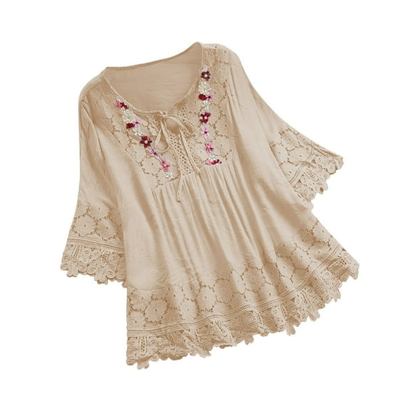 HUJlwoi Boho Tops for Women Cotton Linen Fashionable Lace Shirts Tie V-Neck Hollow out Flower Embroidered Clothes Vacation 3/4 Sleeve Tees