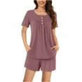 thumbnail image 1 of HUJlwoi Button down Lounge Sets for Women Printed 2 Piece Pajama Sets Pleated Short Sleeve Tops Sleepwear Outfits with Shorts, 1 of 6