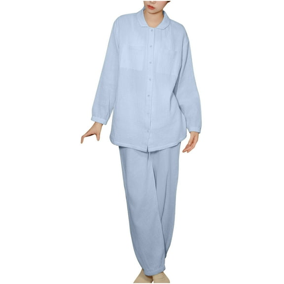 HUJlwoi Button down Pajama Sets Women Long Sleeve 2 Piece Pj Sets Basic Solid Color Tops and Long Pants Sleepwear Outfits with Pocket